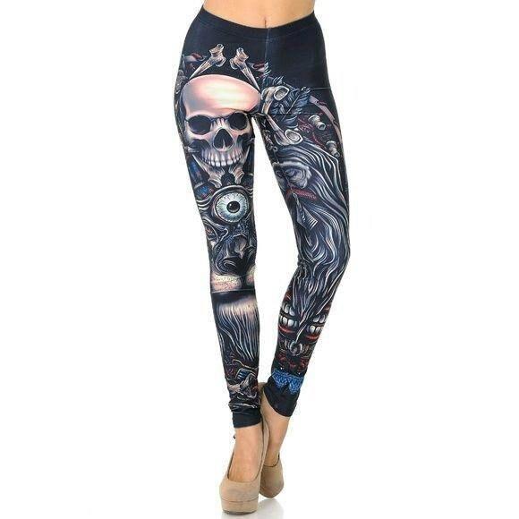 L Size Halloween Ugly Skull Leggings Black - Picture 1 of 8